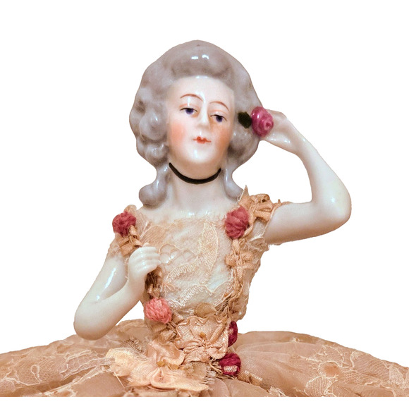 Vintage Dresden Lace Porcelain German Half Doll Pincushion Figurine - Picture 3 of 14